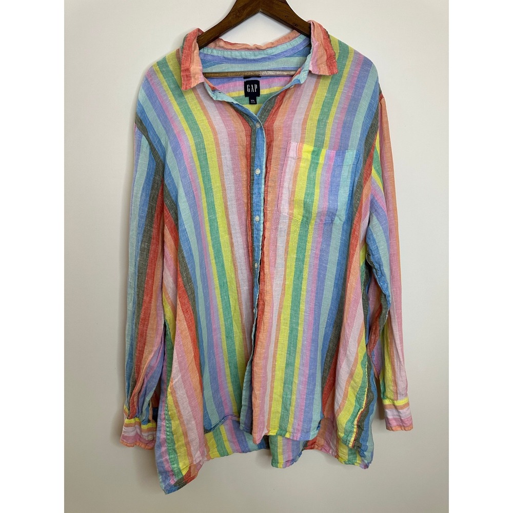GAP 100% Linen Boyfriend Shirt Striped Button Down Women's Size XXL Coastal Vaca - Picture 2 of 14